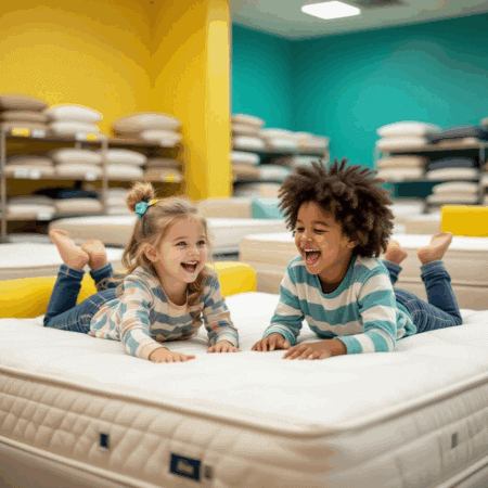 Kids smiling on a mattress at a mattress store, showcasing comfortable and supportive mattresses for children.