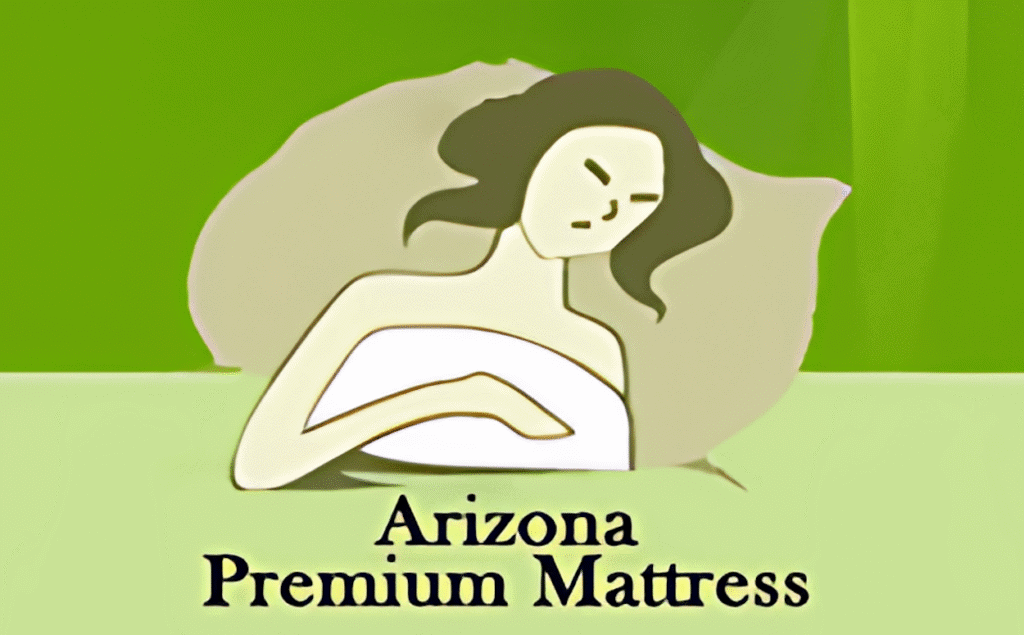 Soft illustration of a woman with dark hair lying in bed on a green background, promoting Arizona premium mattress options.