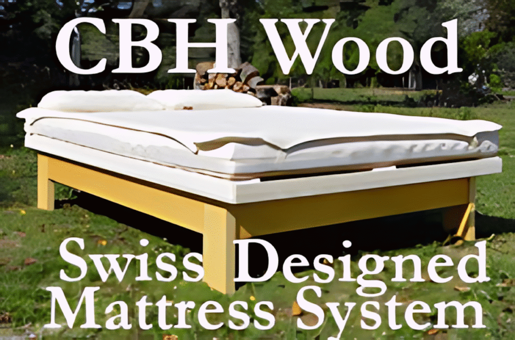 High-quality wooden bed frame with Swiss-designed mattress system, Eco-friendly CBN Wood, outdoor setting, emphasizing natural materials and sustainable sleep solutions.