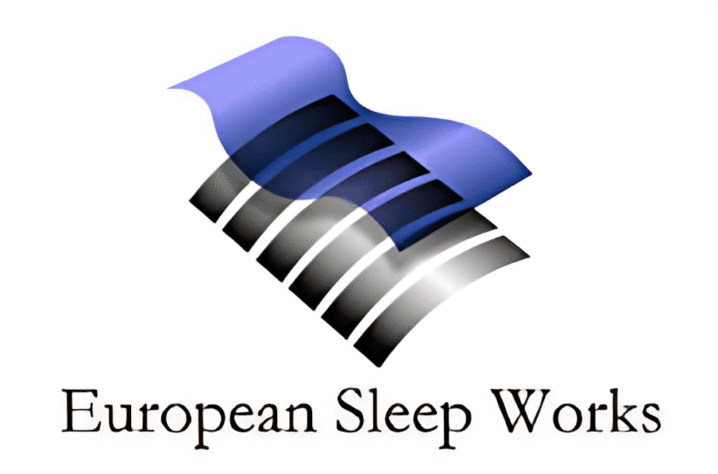 European Sleep Works, logo symbolizing a complete mattress system with flexible slats in European style. Mattress with layered support, aimed at improving sleep quality and spinal alignment.