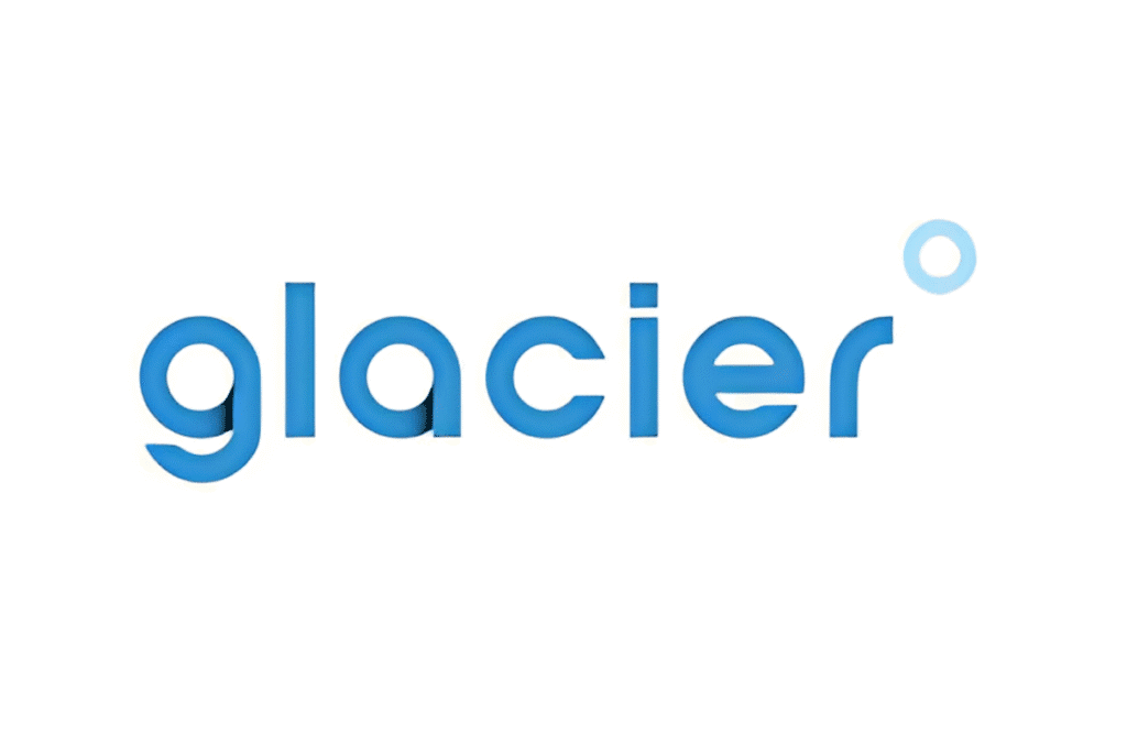 Glacier logo with blue text and circular design representing sleeping cool, mattress and sleep support solutions.