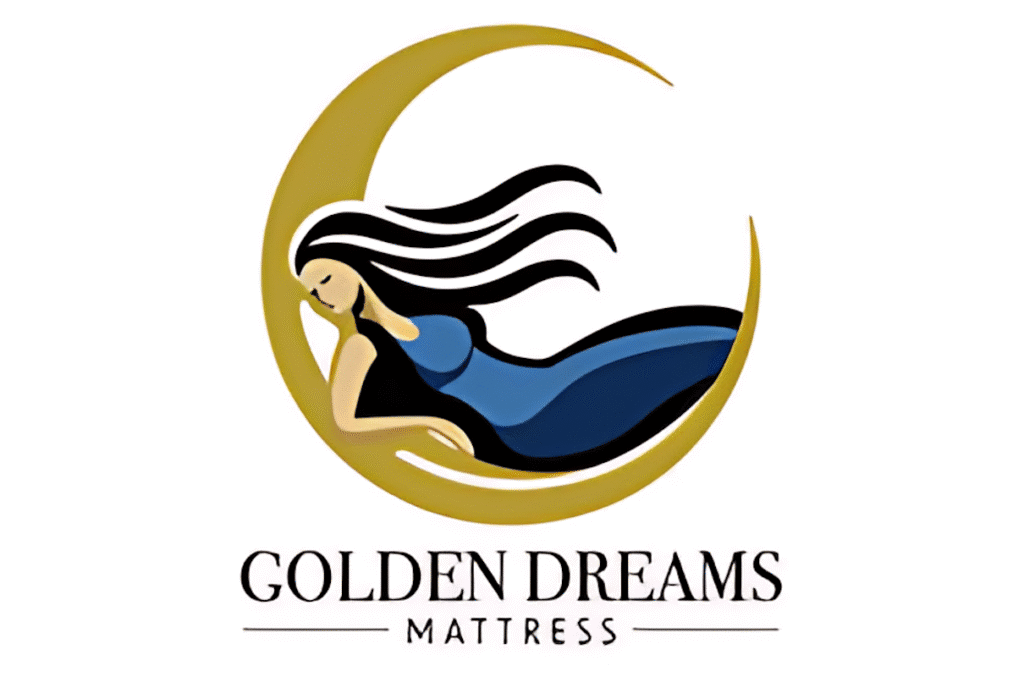 Golden Dreams Mattress logo of a relaxing woman lying on a mattress with a moon in the background, representing restful sleep and comfort.