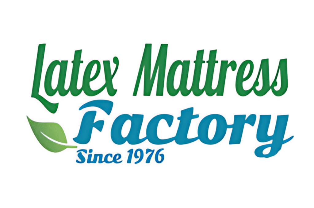 Latex Mattress Factory logo with green and blue text and leaf design, specializing in high-quality latex mattresses and sleep products since 1976.