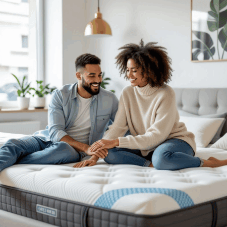 Relaxed couple enjoying a comfortable mattress in a modern bedroom, showcasing the benefits of quality sleep and supportive mattresses for better sleep health.