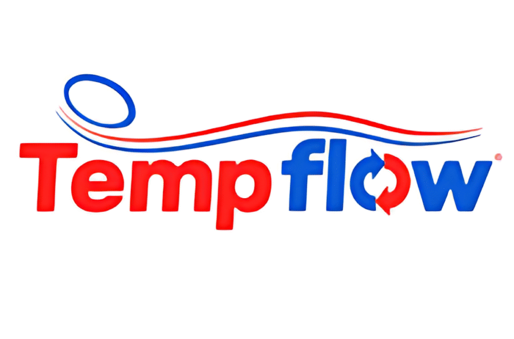 Tempflow logo with red and blue wavy lines representing airflow for mattress cooling, emphasizing breathable sleep solutions and mattress comfort.