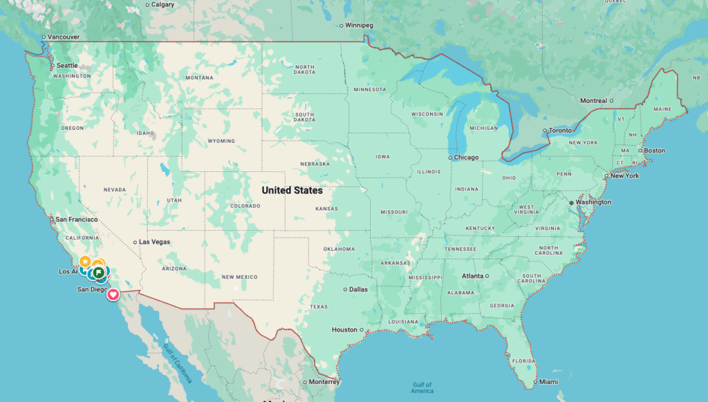 Eco-friendly mattress store location map in California showcasing the Mattress Underground.