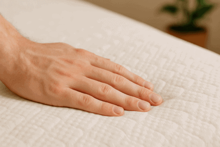 Silky smooth hand resting on a plush, white mattress showcasing quality mattress material and comfort.