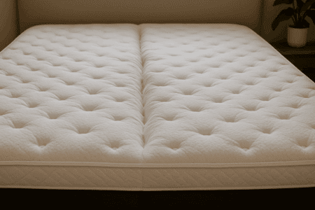 A king-size mattress showing a visible ridge down the center, illustrating uneven wear or separation between comfort layers.