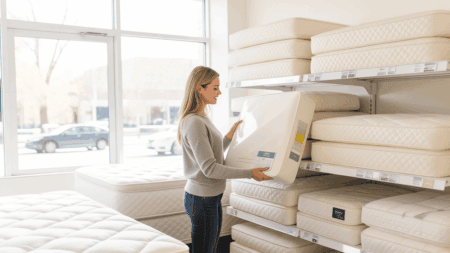 Comfortable woman shopping for mattresses at The Mattress Underground store, exploring different mattress types and sizes in a mattress showroom.