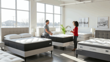 Luxurious mattress showroom indoor with large windows, showcasing various mattress sizes and styles for high-quality sleep. Customers consult mattress experts for personalized sleep solutions.