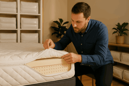 A person unzipping a zippered mattress cover to reveal the inner layers, showing how easy it is to inspect and replace mattress materials.