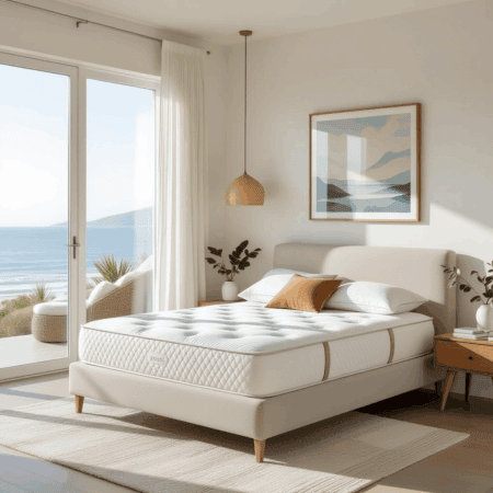 Bright, airy bedroom with modern coastal decor, featuring a comfortable mattress, large window with ocean view, and minimalistic furniture. Perfect for promoting restful sleep and relaxation.