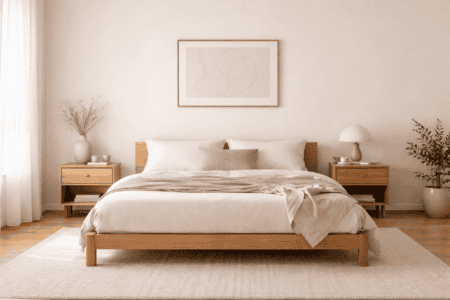 Bright, minimalist bedroom featuring a simple bed, neutral tones, and natural decor for a relaxing sleep environment.