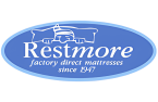 Restmore mattress factory logo with a person soundly sleeping on a bed, emphasizing quality handmade mattresses since 1947.